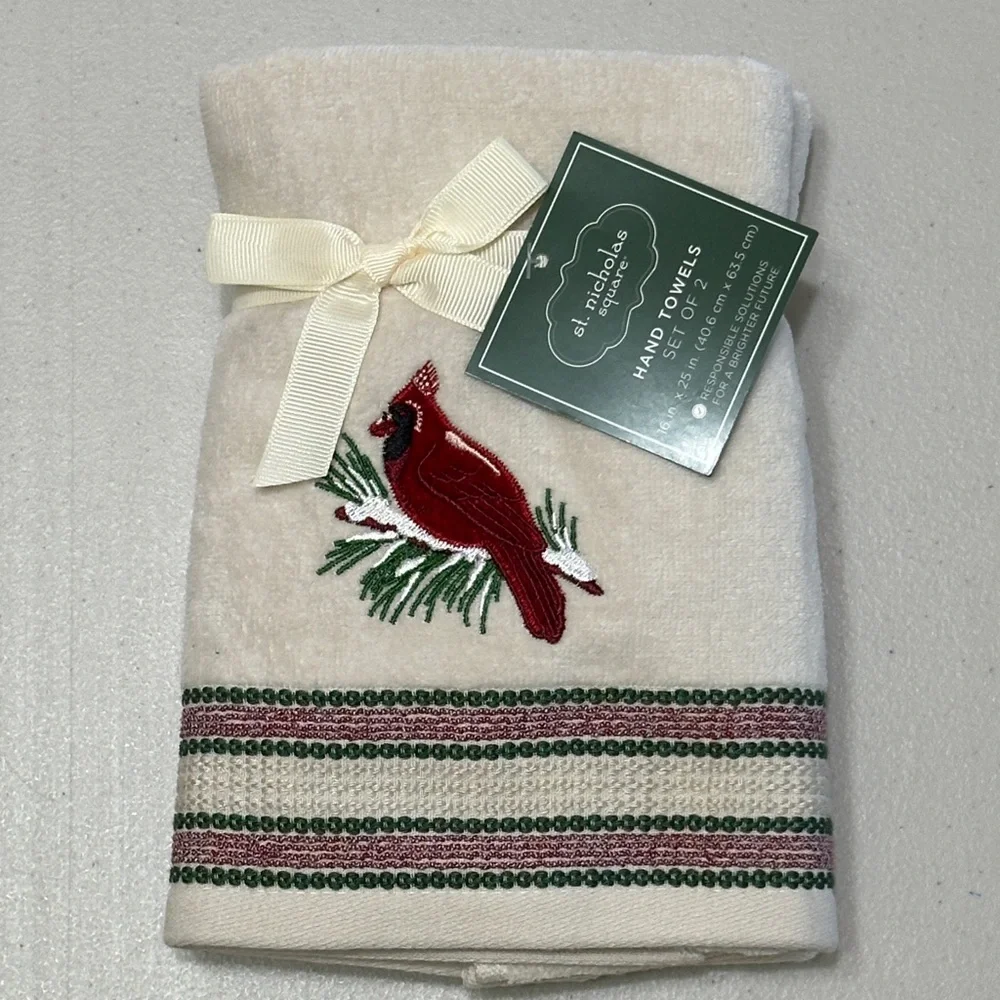 St. Nicholas Square Cream and Red Hand Towels - Cardinal Design